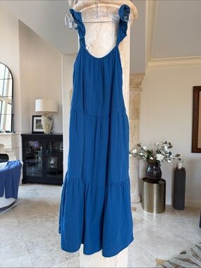 J. Crew Royal Blue Cheesecloth Tiered Midi Dress with Ruffle Straps Sz Small